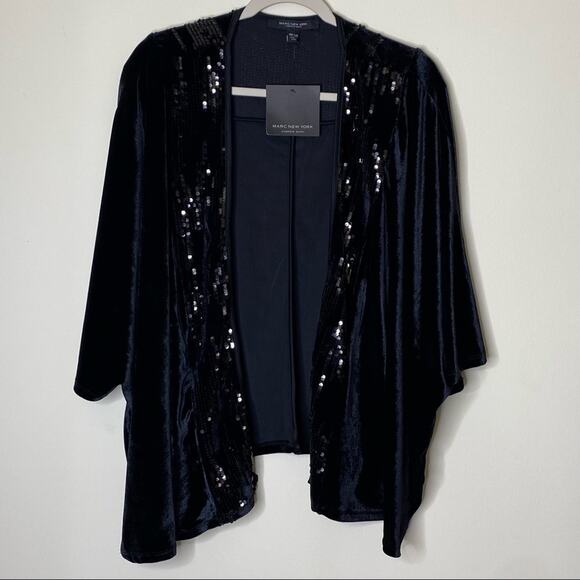 Andrew Marc NY Wrap Cardigan Black Velvet Bat Wing Top Blouse Sequin NEW - Picture 1 of 5